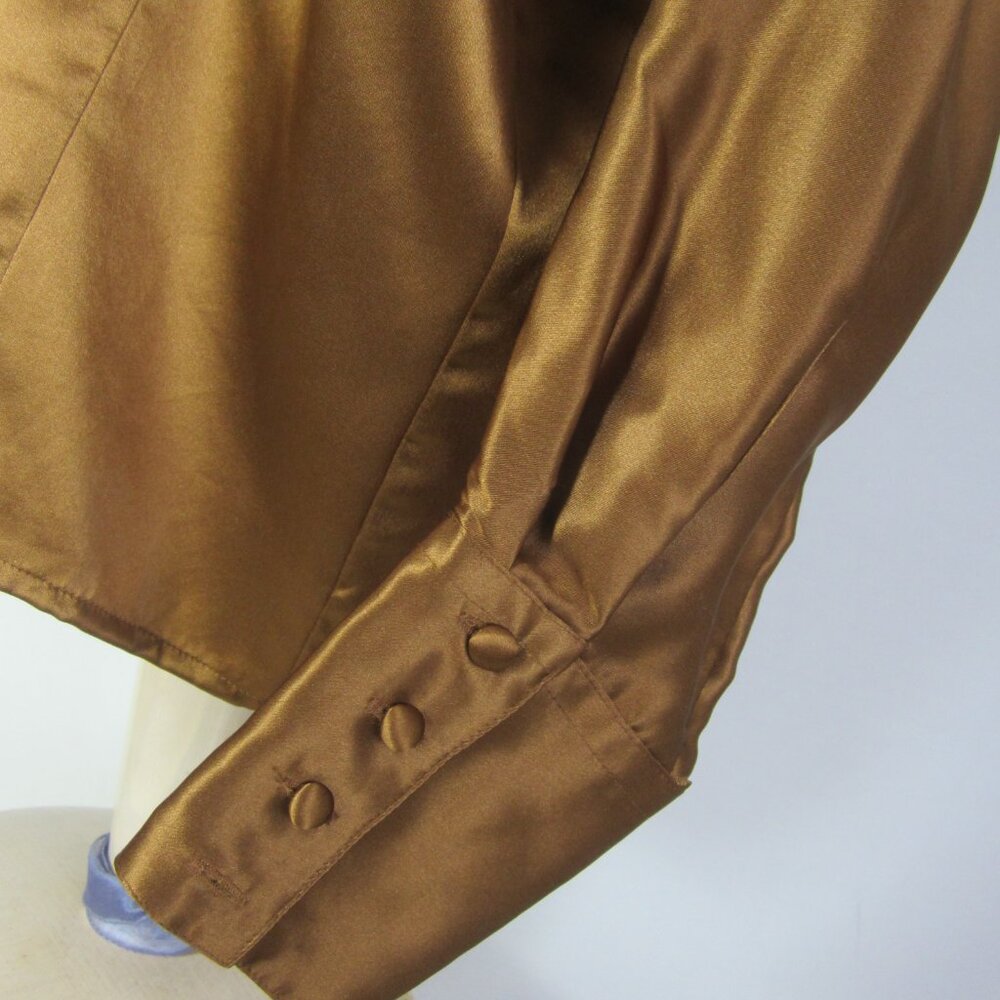 Vtg Stefano Studio Women 4 Brown High Neck 100% Silk Shirt Covered Buttons S 80s - Picture 3 of 9
